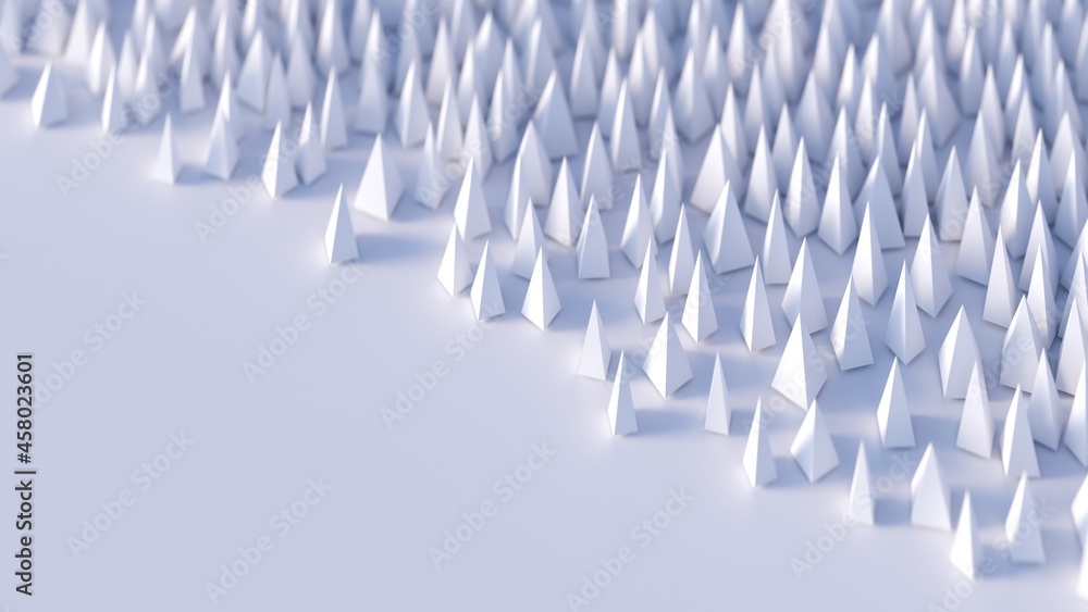 Fototapeta premium Christmas winter landscape background with stylized miniature low poly snowy forest. Depth of field. 3d rendering