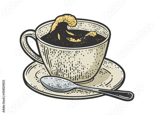 Sea waves storm in cup of tea or coffee color sketch engraving vector illustration. T-shirt apparel print design. Scratch board imitation. Black and white hand drawn image.