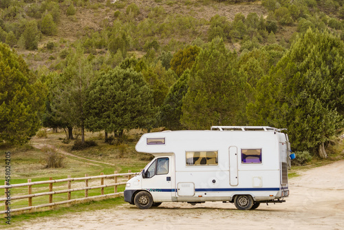 Rv camper camping in mountains, Spain.