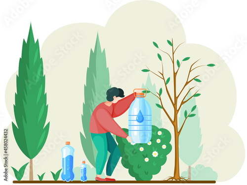 Man watering tree with filtered water character cartoon style in garden with green plants. Person takes care of plants, holds bottle of purified water. Clean ecology and water, green planet concept