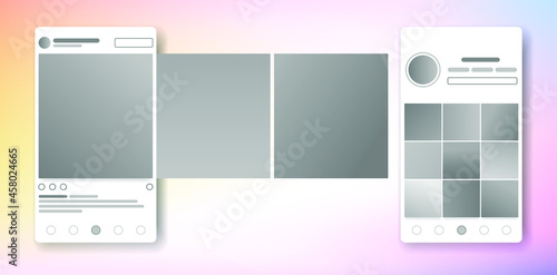 Photo carousel mock up in instagram. News feed with photography template. Scroll web tape. Timeline with shots. Set of images in social media. Blogging app layout. Vector illustration. photo