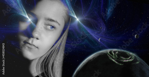 Face of young woman against the background of galactic sky with shining stars. Concept of paranormal abilities, clairvoyance. Elements of this image furnished by NASA