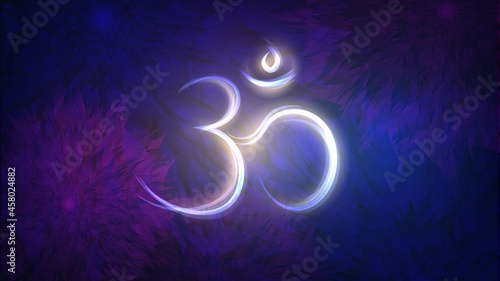 Glowing Indian sign Om on a purple background with flowers