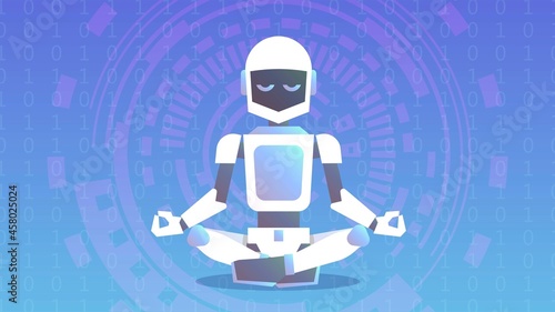 The robot sits in the lotus position and meditates
