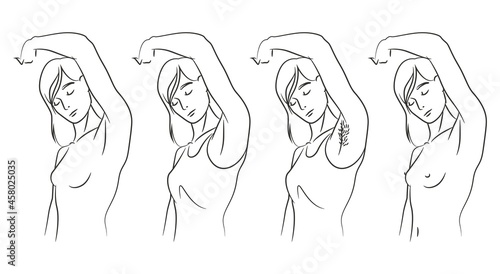 Set of girls in line art style showing armpit with hair, nude and in clothes