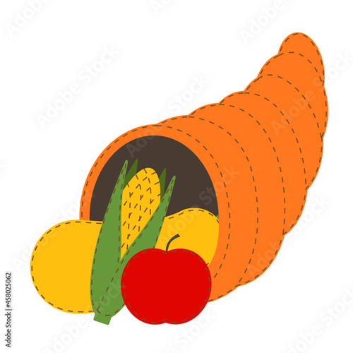 Cornucopia with vegetables icon. Thanksgiving day felt decoration element. Vector flat illustration isolated on white background.
