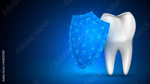 White tooth with root under blue glowing shield, teeth protection 