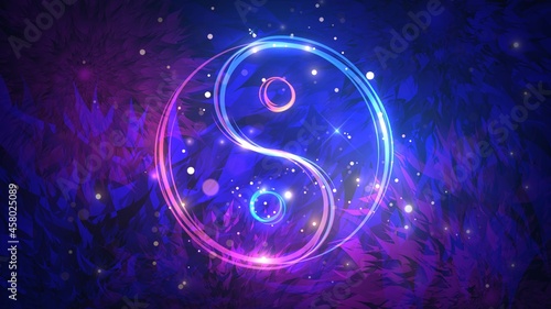 Glowing Yin Yang Sign on Floral Pattern Background photo