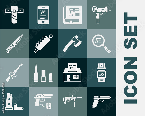 Set Pistol or gun, Pepper spray, search, Book with pistol, Trap hunting, Military knife, Knife holster and Wooden axe icon. Vector