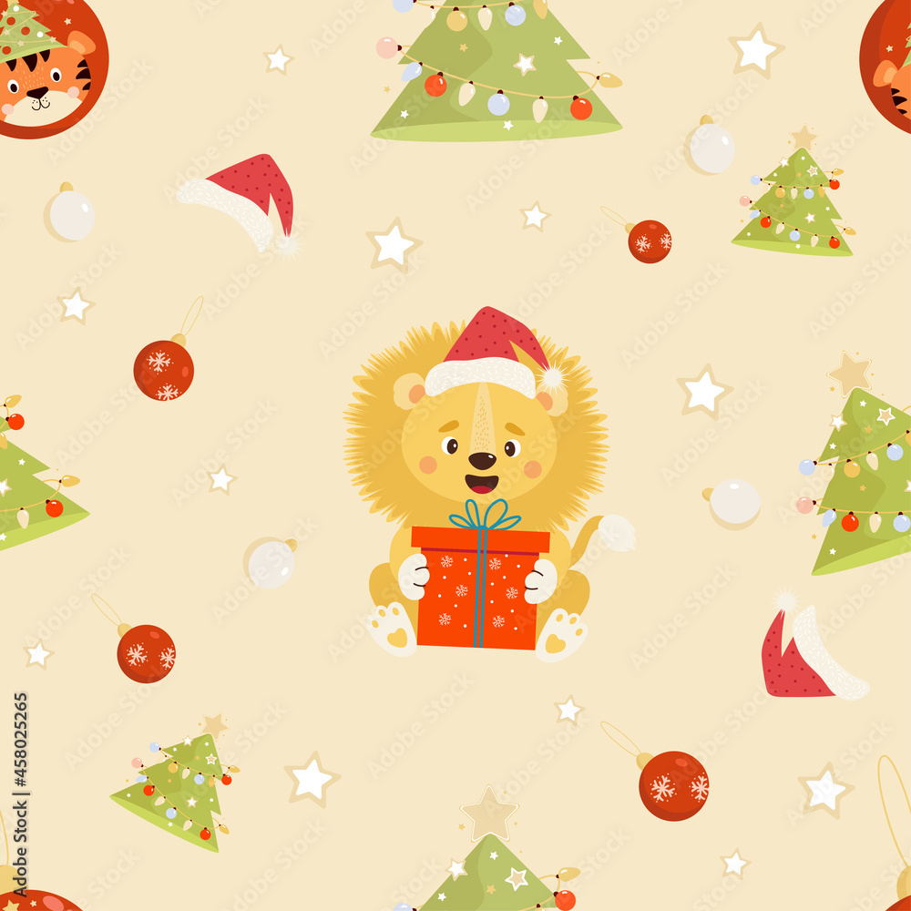 New Year Seamless pattern. cute lion in Santa hat with big gift on yellow background with Christmas tree and Christmas balls. Vector illustration. For design, decor, textiles and wallpaper, packaging