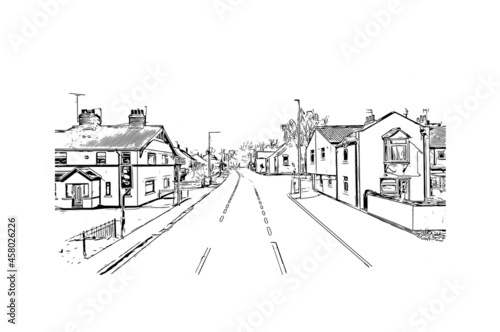 Building view with landmark of Kingston upon Hull is the  city in England. Hand drawn sketch illustration in vector.