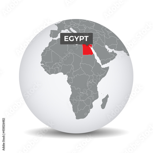 World globe map with the identication of Egypt. Map of Egypt. Egypt on grey political 3D globe. Africa map. Vector stock.