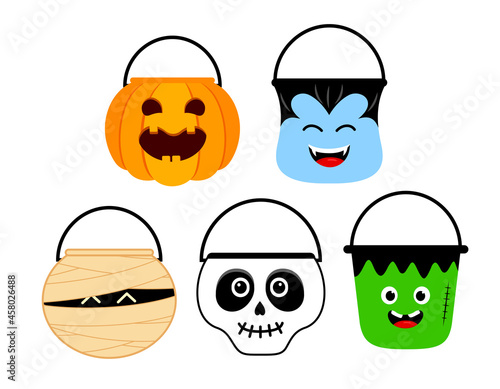 Cute halloween cartoon bucket set. Collection of cartoon bags for collecting sweets. Vector illustration for children.