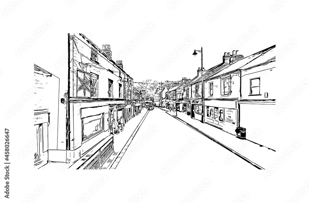 Building view with landmark of Kingston upon Hull is the 
city in England. Hand drawn sketch illustration in vector.