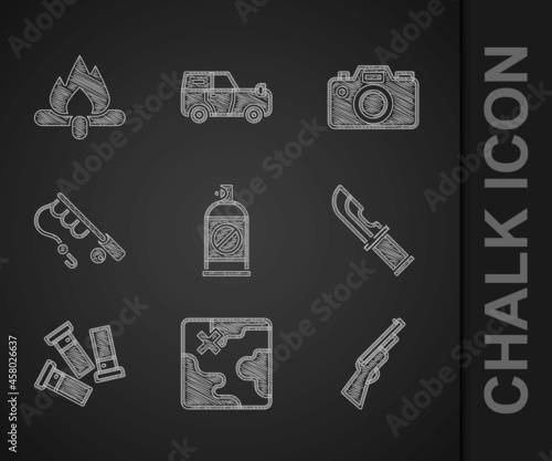 Set Spray against insects, Africa safari map, Hunting gun, Hunter knife, Cartridges, Fishing rod, Photo camera and Campfire icon. Vector