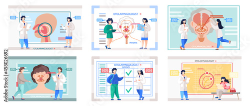 Otolaryngologist doctor with nose, ear and throat or ENT diagnostic and treatment instruments. Otology doctor with patient. Otorhinolaryngology healthcare medicine or otolaryngology diseases