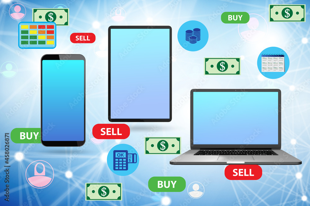 Online currency trading concept with various devices