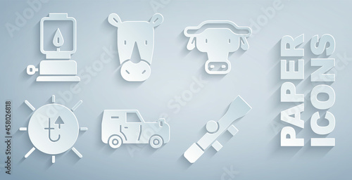 Set Off road car, African buffalo head, Sun, Sniper optical sight, Rhinoceros and Camping lantern icon. Vector