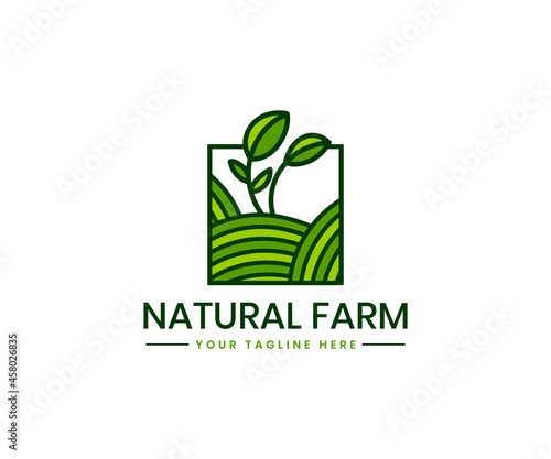 organic farming logo unique concept template with Green landscape plant tree leaf and natural color organic product branding logotype 