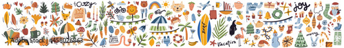 Collection of spring, autumn, summer, winter elements, bundle of colorful animals, objects doodle vector illustration. Set seasons in doodle style