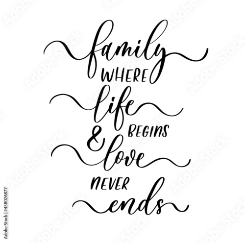 Family where life begins and love never ends. Vector brush calligraphy banner.