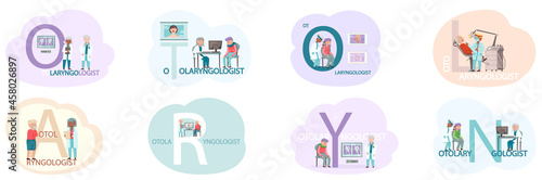 Otolaryngologist doctor with nose, ear and throat or ENT diagnostic and treatment instruments. Otology doctor with patient. Otorhinolaryngology healthcare medicine or otolaryngology diseases