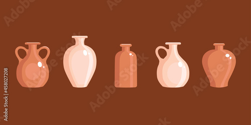Clay vases set in a flat style. Antique jug. Vector illustration