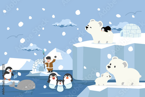 penguin with polar bear North pole Arctic background