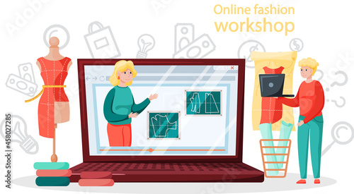 Online fashion workshop. Seamstress or tailor distance education platform. Professional master sewing clothes. Creative atelier profession. Teacher explains pattern on laptop screen to female student