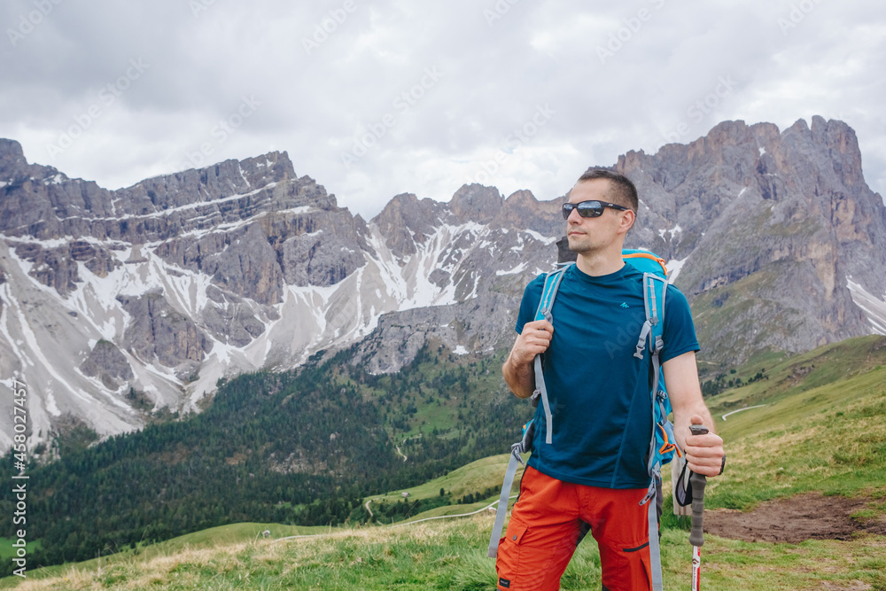 hiker in the mountains. Dolomites, Italy	