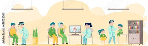 Otolaryngologist doctor with nose, ear and throat or ENT diagnostic and treatment instruments. Otology doctor with patient. Otorhinolaryngology healthcare medicine or otolaryngology diseases