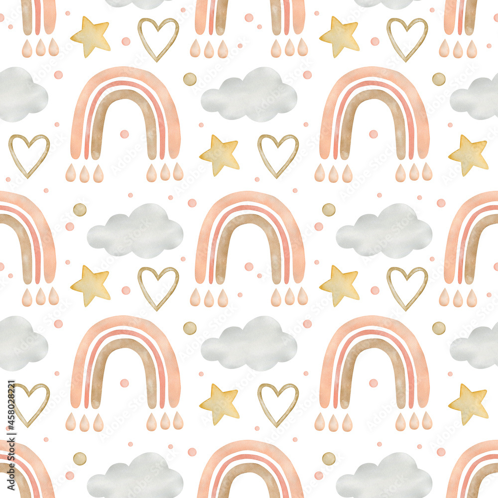 Watercolor seamless pattern, rainbows in boho style on a white background. Watercolor seamless pattern, rainbows in boho style on a white background.