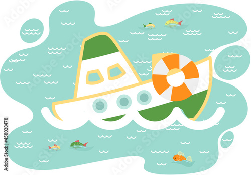 Funny ship in cartoon style, pleasure boat. Vessel sailing in waves in blue sea flat vector. Sea voyage, trip on fun yacht. Water transport, small boat with life buoy on board, window porthole