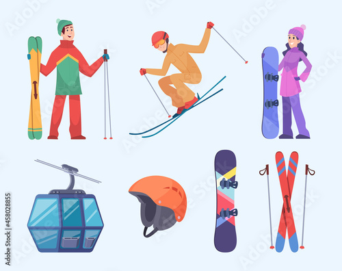 Ski resort. Winter ski mountain landscape holiday village for travellers alps trails exact vector flat illustrations set isolated