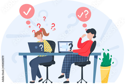 Women solving question. Problem Solution. Career success in teamwork, creative project idea. Puzzled employees failing in solving issues. Useless office worker, question marks, business failure