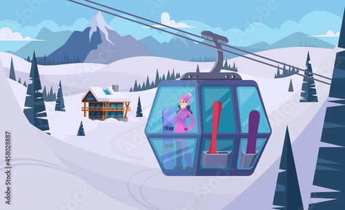 Ski resort background. Snow winter vacation sport skiing activities hotel in mountain tracks exact vector cartoon background