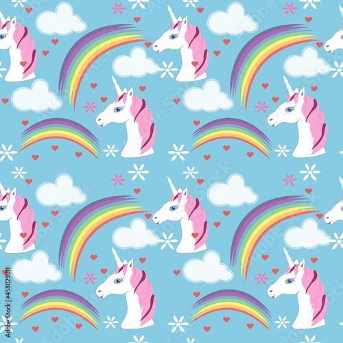 Seamless pattern with cute unicorns, flowers, rainbows and clouds. Vector graphics