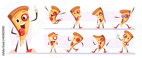Pizza mascot. Funny food character in action poses happy styling cute persons exact vector illustrations isolated