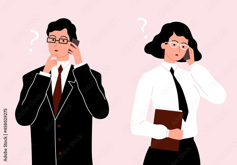 Business people talking phone. Question characters, seriously deal work. Man woman wear classic clothes vector illustration Business people talking phone. Question characters, seriously deal work. Man woman wear classic clothes vector illustration