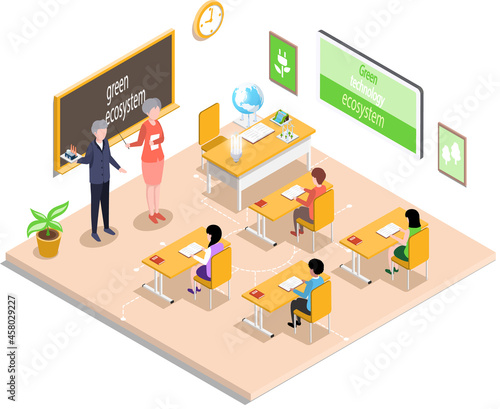 Leading lesson about green ecosystem. Developing class with creative discussion. School education, e-learning process. Classroom activity with teacher, learning with technology, lessons in class photo