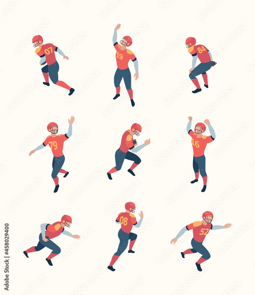 American football players. Isometric persons with ball in dynamic poses sport people playing standing holding running jumping garish vector 3d pictures collection