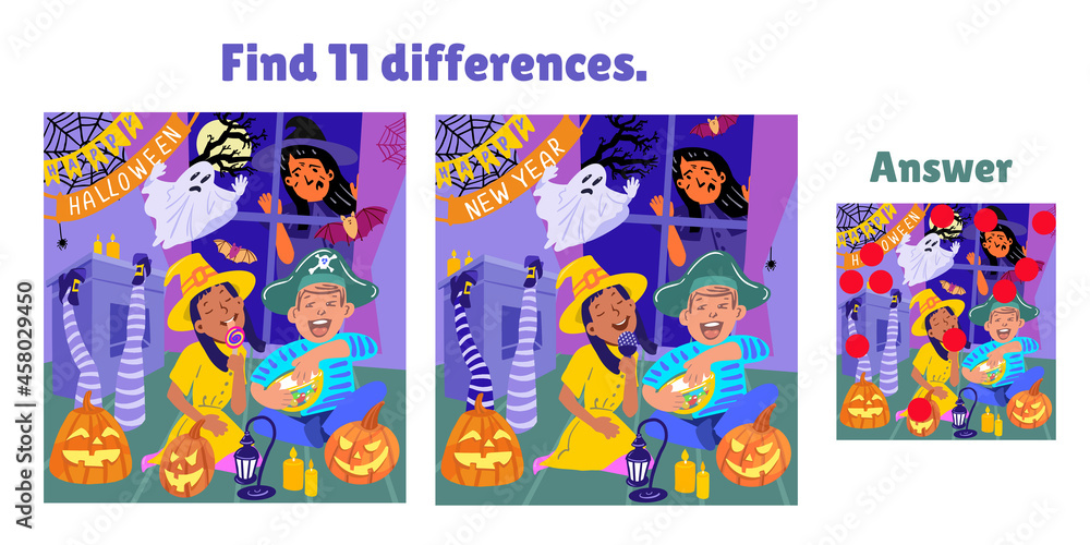 Find 11 Differences. Happy Halloween. Girl and boy eating sweets in room with pumpkins. Game for children. Activity, vector.