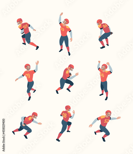 American football players. Isometric persons with ball in dynamic poses sport people playing standing holding running jumping garish vector 3d pictures collection