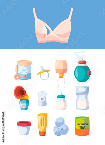 Breastfeeding symbols. Maternity pumping breast with milk bottle for newborn kids infant mom garish vector icons collection