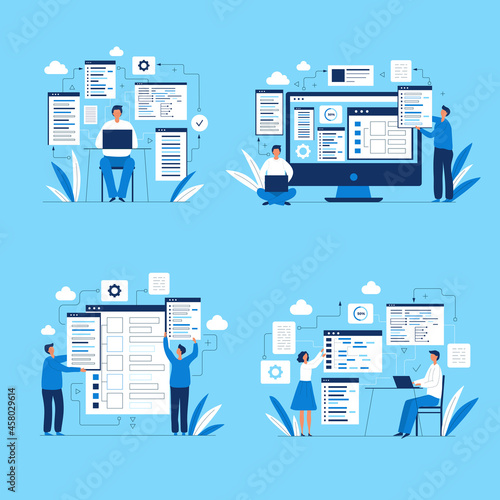 Programmers characters. People web designers developers ui layout production codding script writers computer engineers working at laptop or pc recent vector flat concept pictures photo