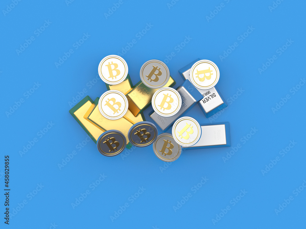 Bitcoins fall on gold and silver bars on a blue background top view. 3D illustration 