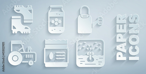 Set Pack full of seeds of plant, Watering can, Tractor, Automatic irrigation sprinklers, Jar honey and Waterproof rubber boot icon. Vector