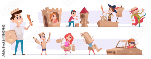 Kids with box. Funny party costume games distractions for childrens handmade cardboards shields and helmets exact vector illustrations