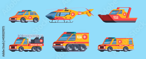 Rescue cars. Lifeguard technics emergency vehicles and helicopters paramedic ambulance hospital fast trucks garish vector flat pictures set isolated © ONYXprj