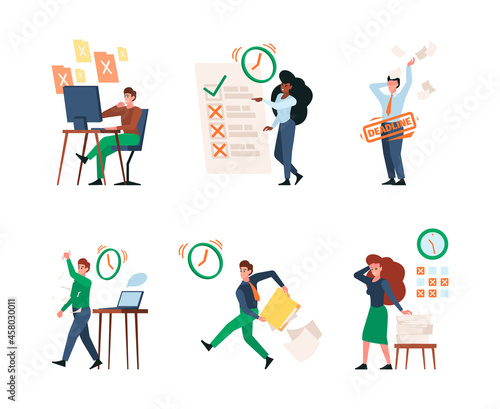 Deadline characters. Business people managers bad office discipline working in stressed time corporative workspace garish vector profesiional person